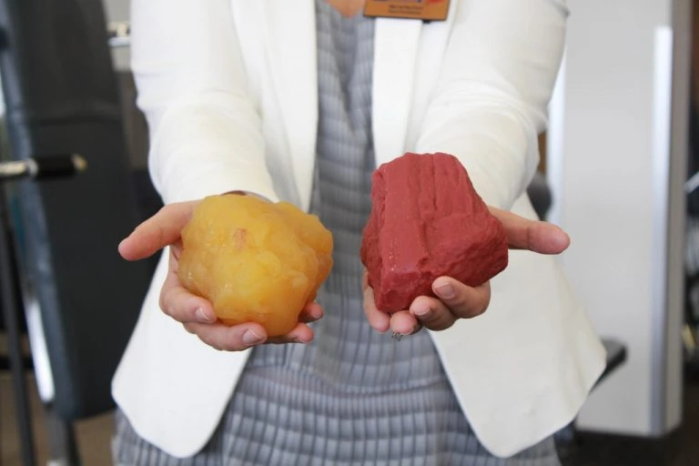 A woman is holding two different colored rocks in front of a gym.